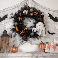 Northlight 24'' Unlit Orange Ornaments And Ghost Halloween Pine Wreath -Halloween Decor Shop D668686S 2