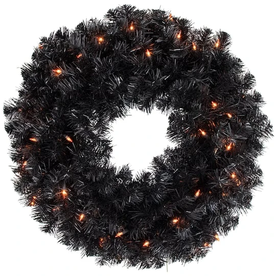 Northlight 24'' Pre-Lit Black Noble Spruce Artificial Halloween Wreath 1 Northlight 24'' Pre-Lit Black Noble Spruce Artificial Halloween Wreath