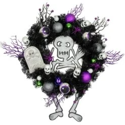 Northlight 24'' Unlit Purple And Black Spooky Skeleton Pine Halloween Wreath