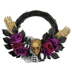 Northlight 22" Skull With Hands & Purple Roses Halloween Twig Wreath