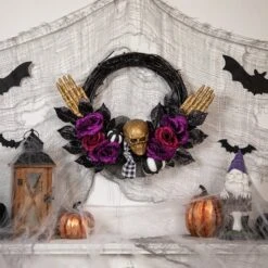 Northlight 22" Skull With Hands & Purple Roses Halloween Twig Wreath 7 Northlight 22" Skull With Hands & Purple Roses Halloween Twig Wreath -Halloween Decor Shop D668696S 2