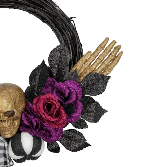 Northlight 22" Skull With Hands & Purple Roses Halloween Twig Wreath 5 Northlight 22" Skull With Hands & Purple Roses Halloween Twig Wreath - Image 5