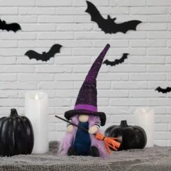 Northlight 15" Black & Purple Halloween Gnome Witch With Broom