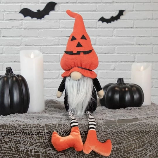 Northlight 22" Halloween Jack-O-Lantern Striped Tabletop Gnome Figurine With Dangling Legs 1 Northlight 22" Halloween Jack-O-Lantern Striped Tabletop Gnome Figurine With Dangling Legs