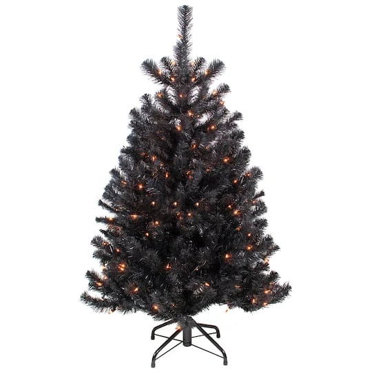 Northlight 4ft. Pre-Lit Black Noble Spruce Artificial Halloween Tree, Orange Lights 1 Northlight 4ft. Pre-Lit Black Noble Spruce Artificial Halloween Tree, Orange Lights