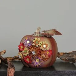 Northlight 7.5" Brown Solar Powered Floral Pumpkin Outdoor Decoration -Halloween Decor Shop D668773S 4