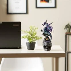 10" Mystical Dragon Atop A Black Skull Figurine -Halloween Decor Shop D670409S 3